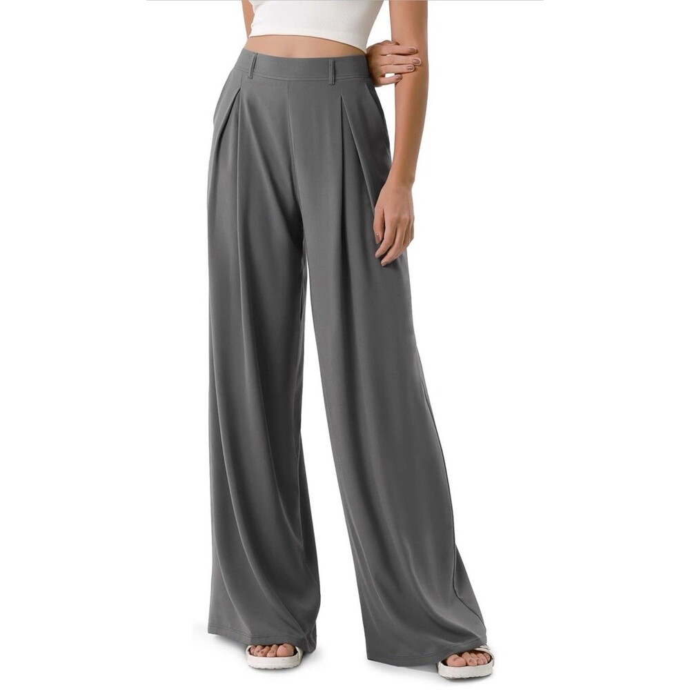 ODODOS Chiffon Flowy Pleated Wide Leg Pants Lightweight with Pockets XL Gray